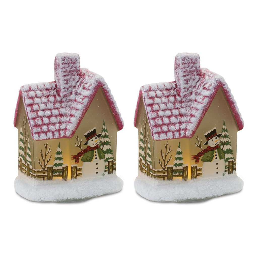 LED Lighted House with Snowman (Set of 2)