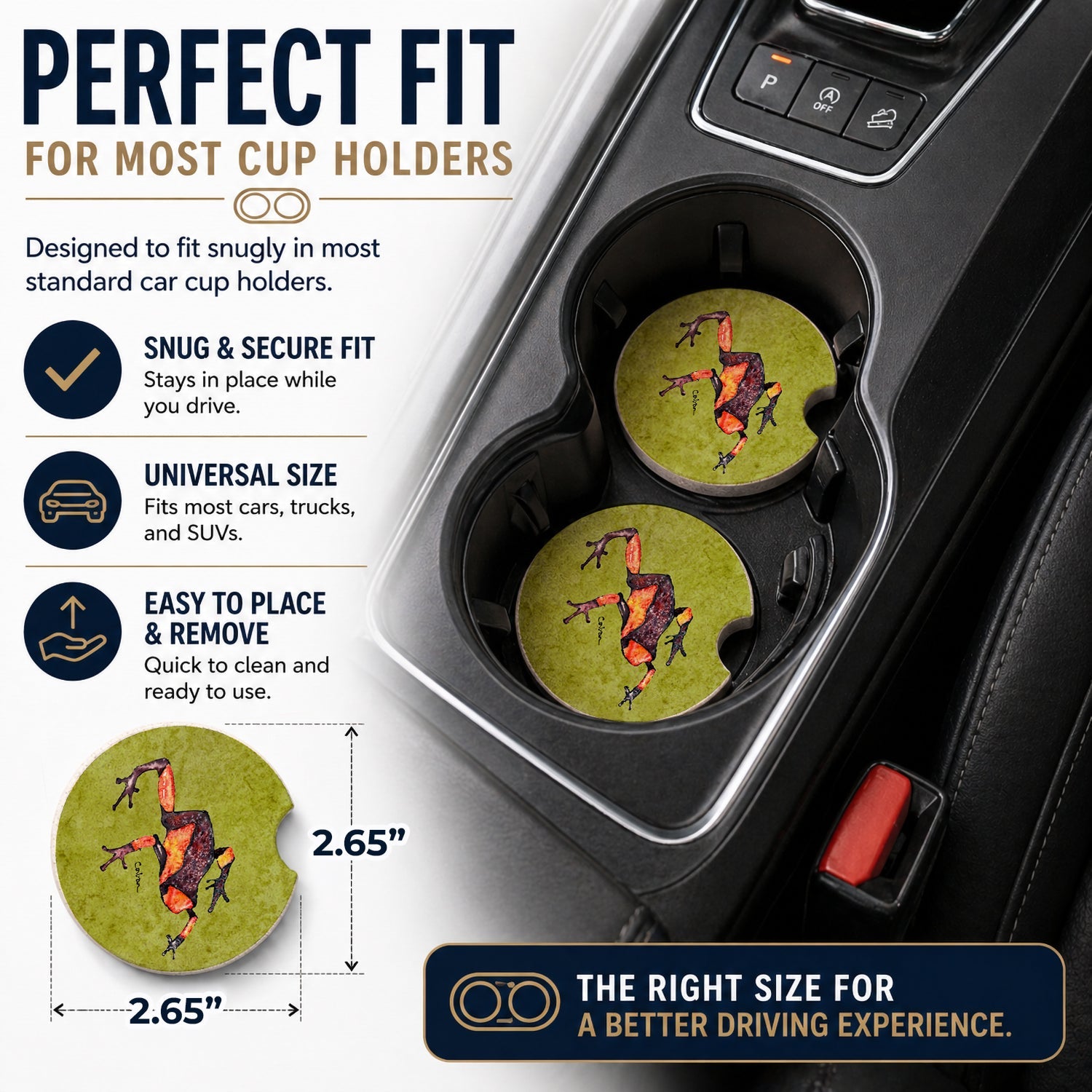 Frog Set of 2 Cup Holder Car Coasters Absorbent Round Sandstone Coasters Gifts for Men or Women, 2.5, Multicolor