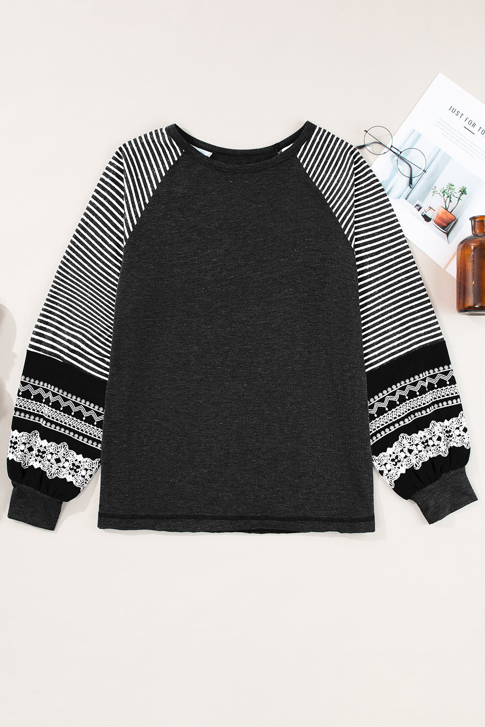 Tillandsia Purple Contrast Print Striped Raglan Long Sleeve Loose Top
