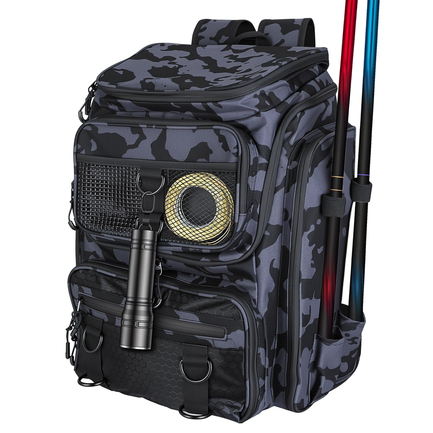 42L/11Gal Fishing Backpack Large Capacity Fishing Tackle Storage Bag with Rod Holders 16-Pocket Water-Resistant with Divider Adjustable Padded Straps