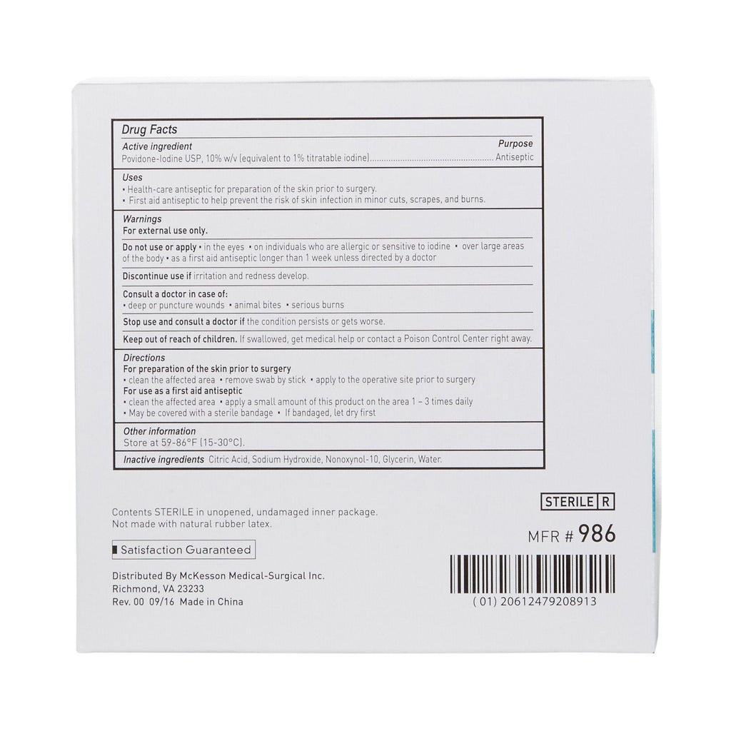 McKesson Impregnated Swabstick, 10% Strength, Povidone Iodine, Individual Packet 986