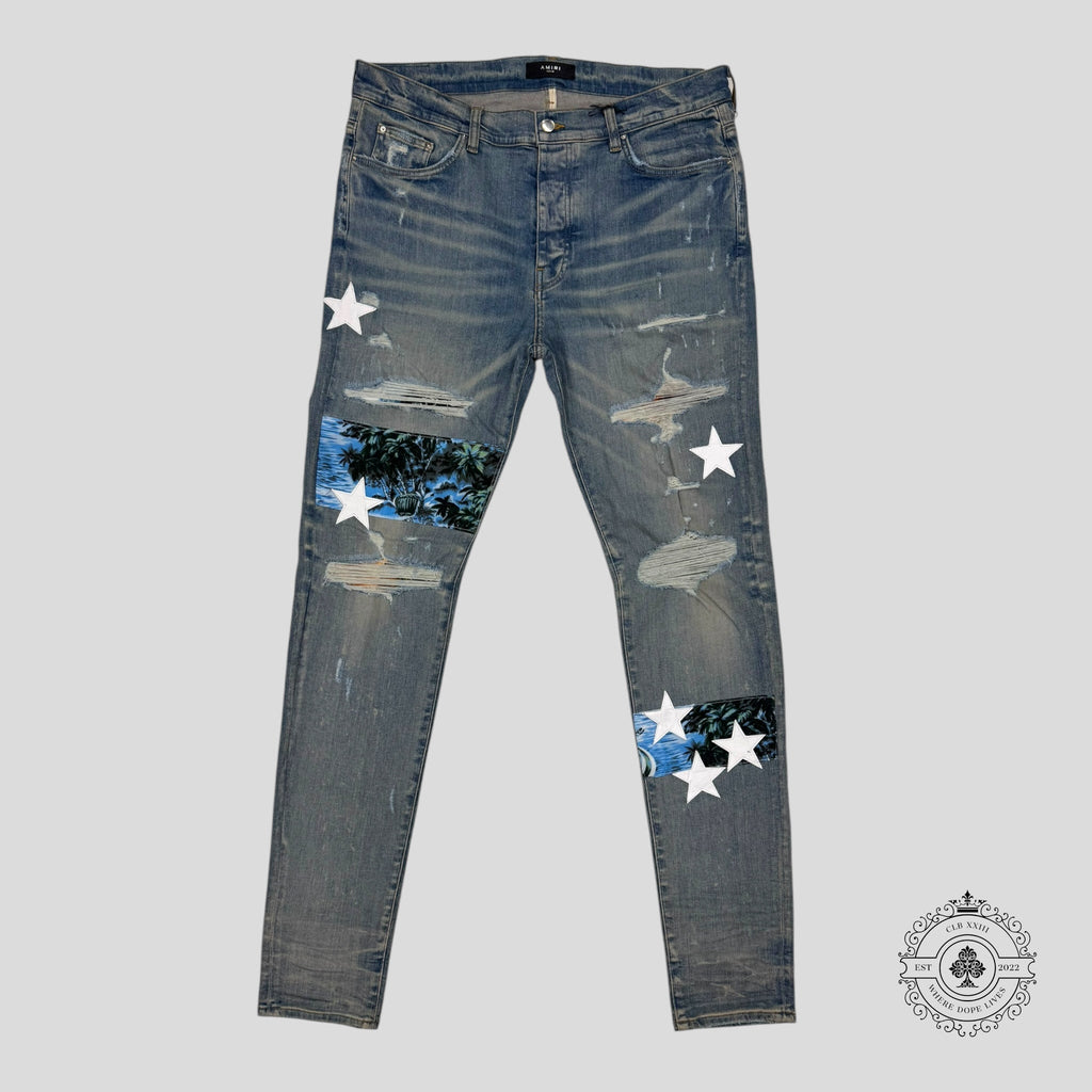 Amiri Hawaiian Star Art Patch Jeans in Clay Indigo