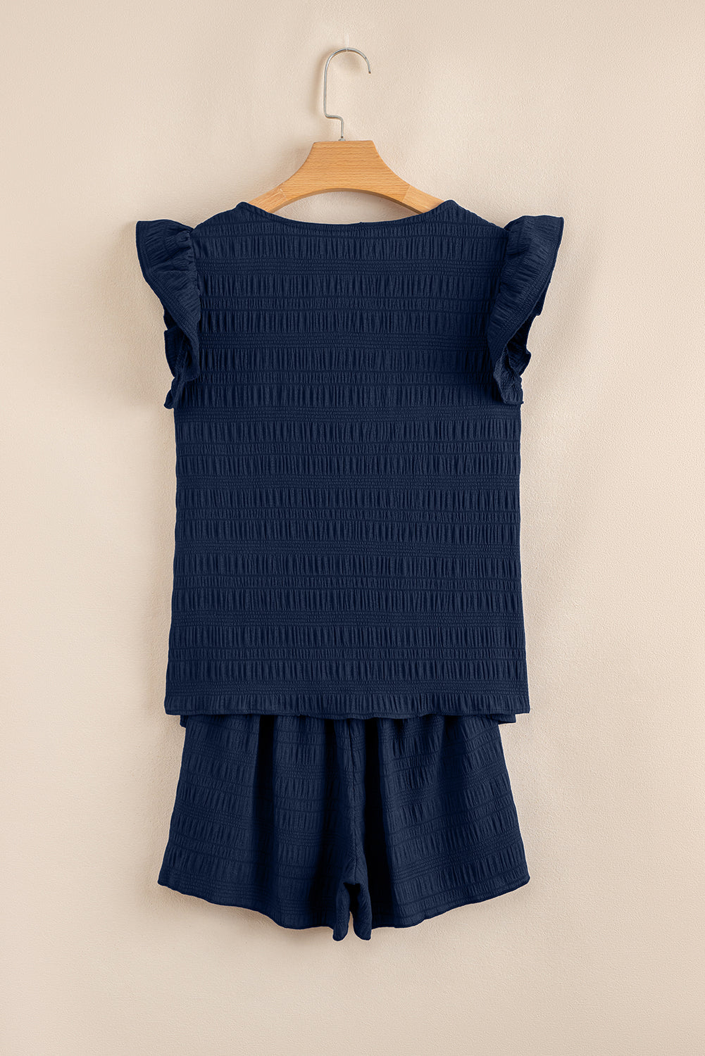 Dirty Blue Textured Square Neck Top and Shirred High Waist Shorts Set