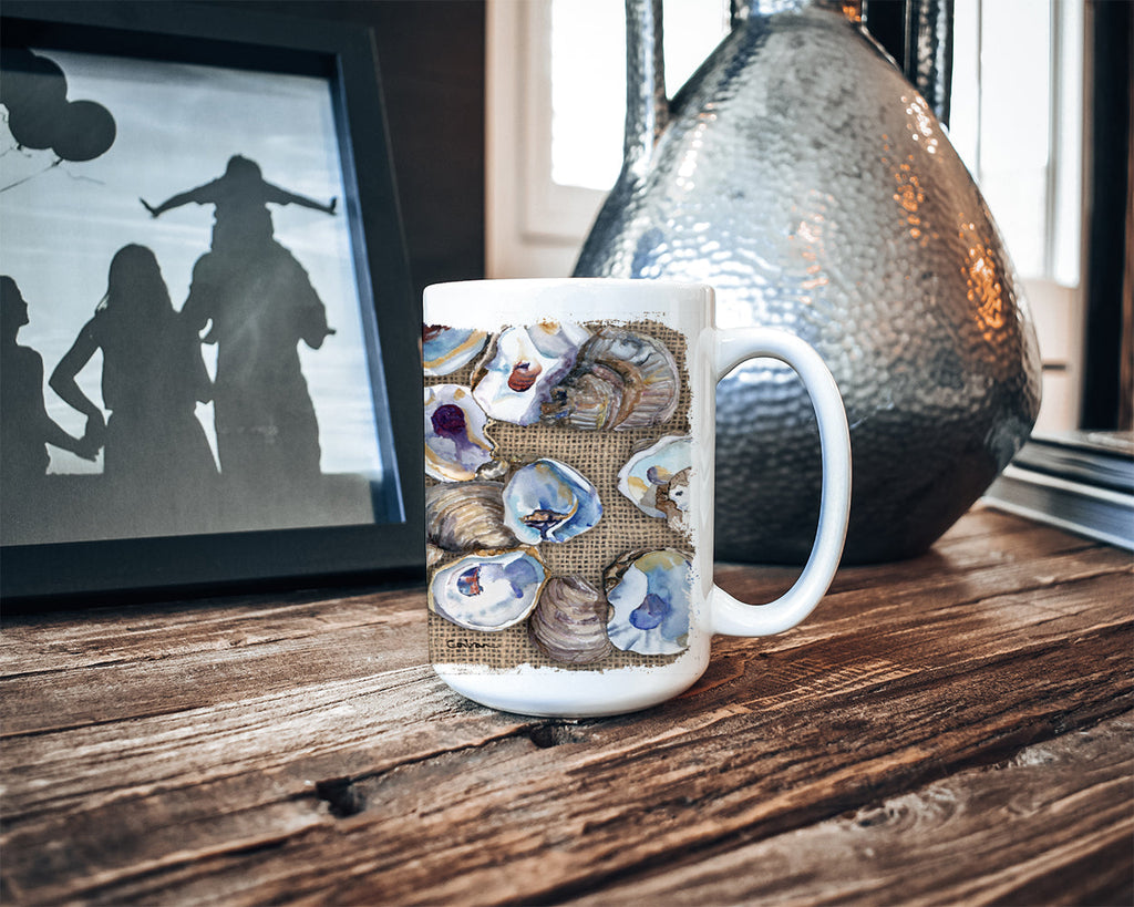 Oyster Ceramic Coffee Mug 15 oz Decorative Large C Handle Mug Cup for Tea, Cocoa Hot Chocolate