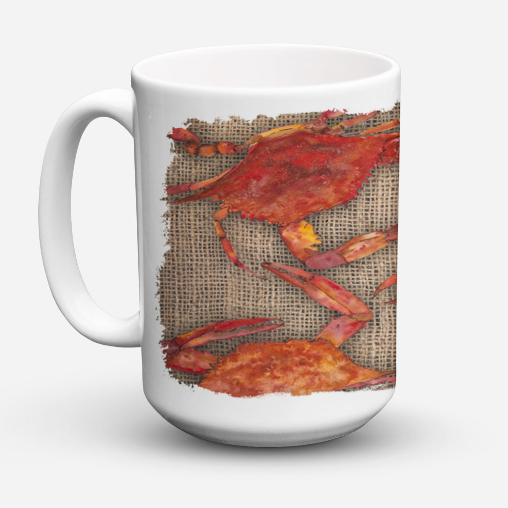 Cooked Crabs on Faux Burlap Ceramic Coffee Mug 15 oz Decorative Large C Handle Mug Cup for Tea, Cocoa Hot Chocolate