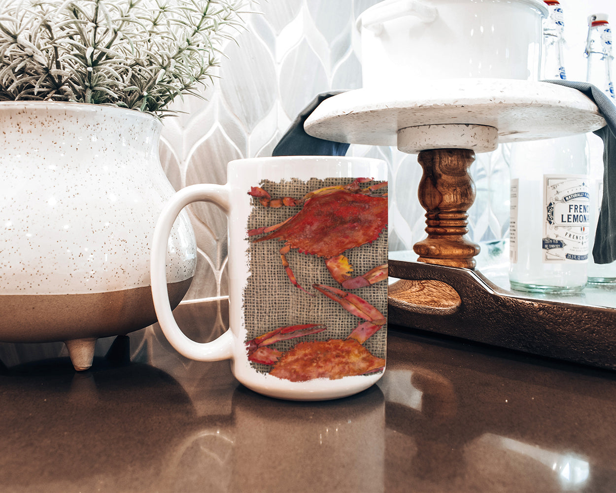 Cooked Crabs on Faux Burlap Ceramic Coffee Mug 15 oz Decorative Large C Handle Mug Cup for Tea, Cocoa Hot Chocolate