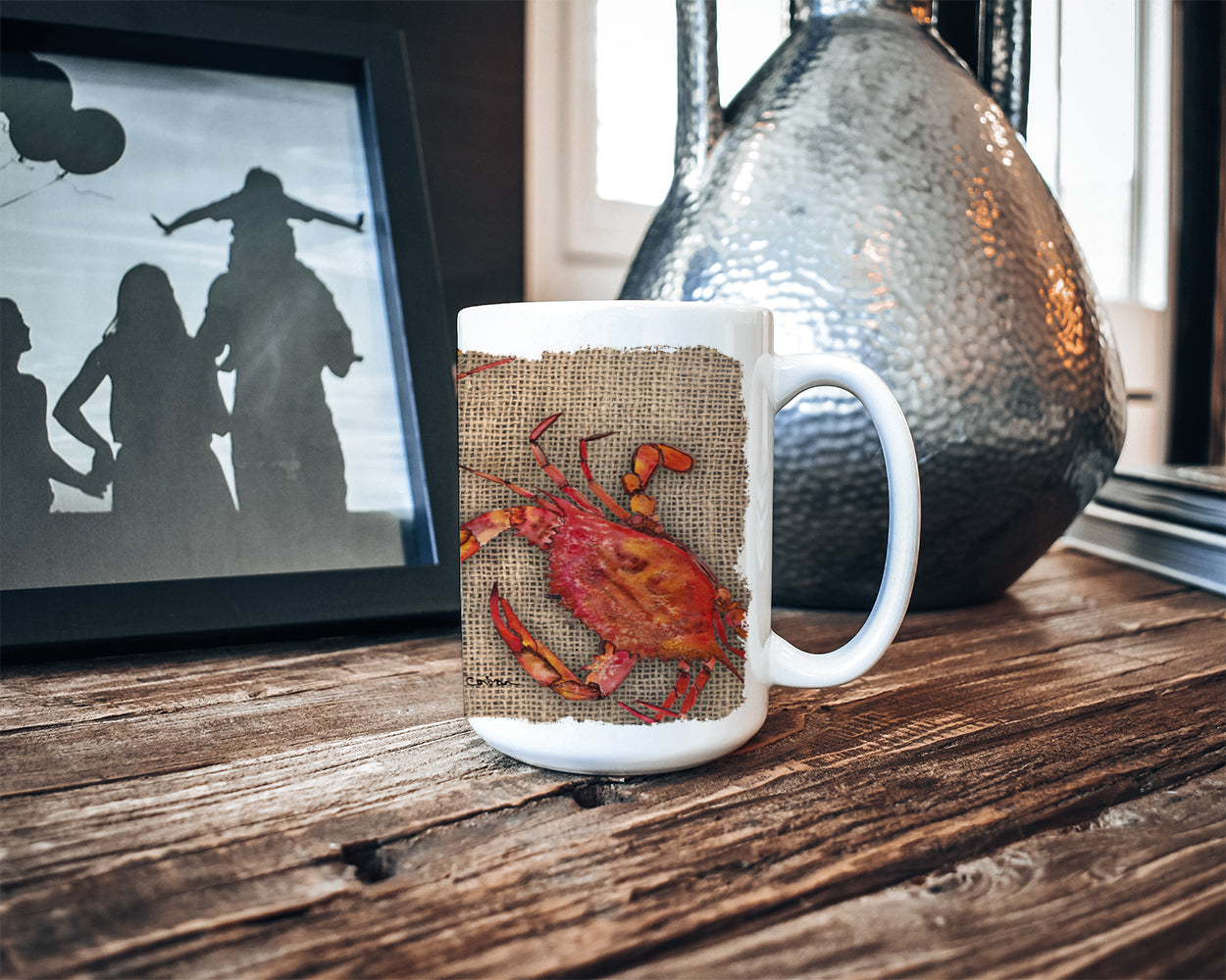 Cooked Crabs on Faux Burlap Ceramic Coffee Mug 15 oz Decorative Large C Handle Mug Cup for Tea, Cocoa Hot Chocolate