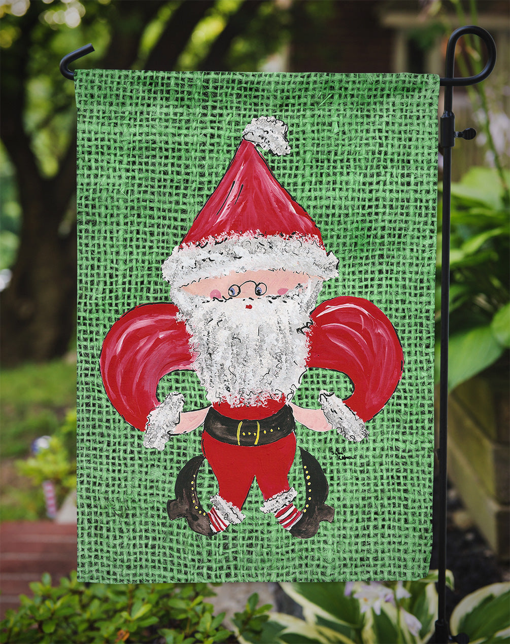 Christmas Santa Fleur de lis on Faux Burlap Garden Flag Mailbox Decorative Yard Banner Outside Patio Artwork for Flower Beds, Garden Size, Multicolor