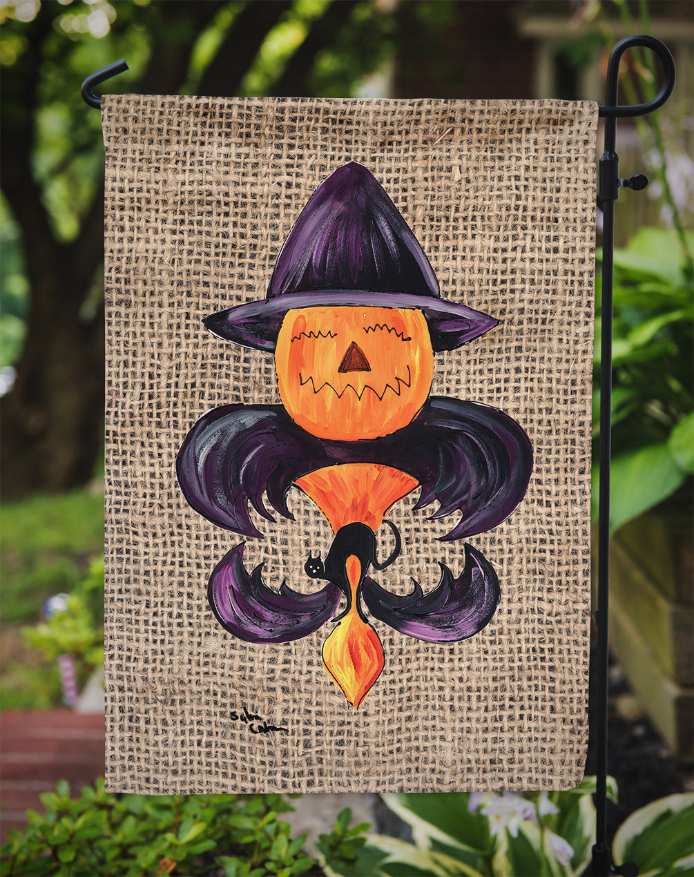 Halloween Pumpkin and Bat Fleur de lis on Faux Burlap Garden Flag Mailbox Decorative Yard Banner Outside Patio Artwork for Flower Beds, Garden Size, Multicolor