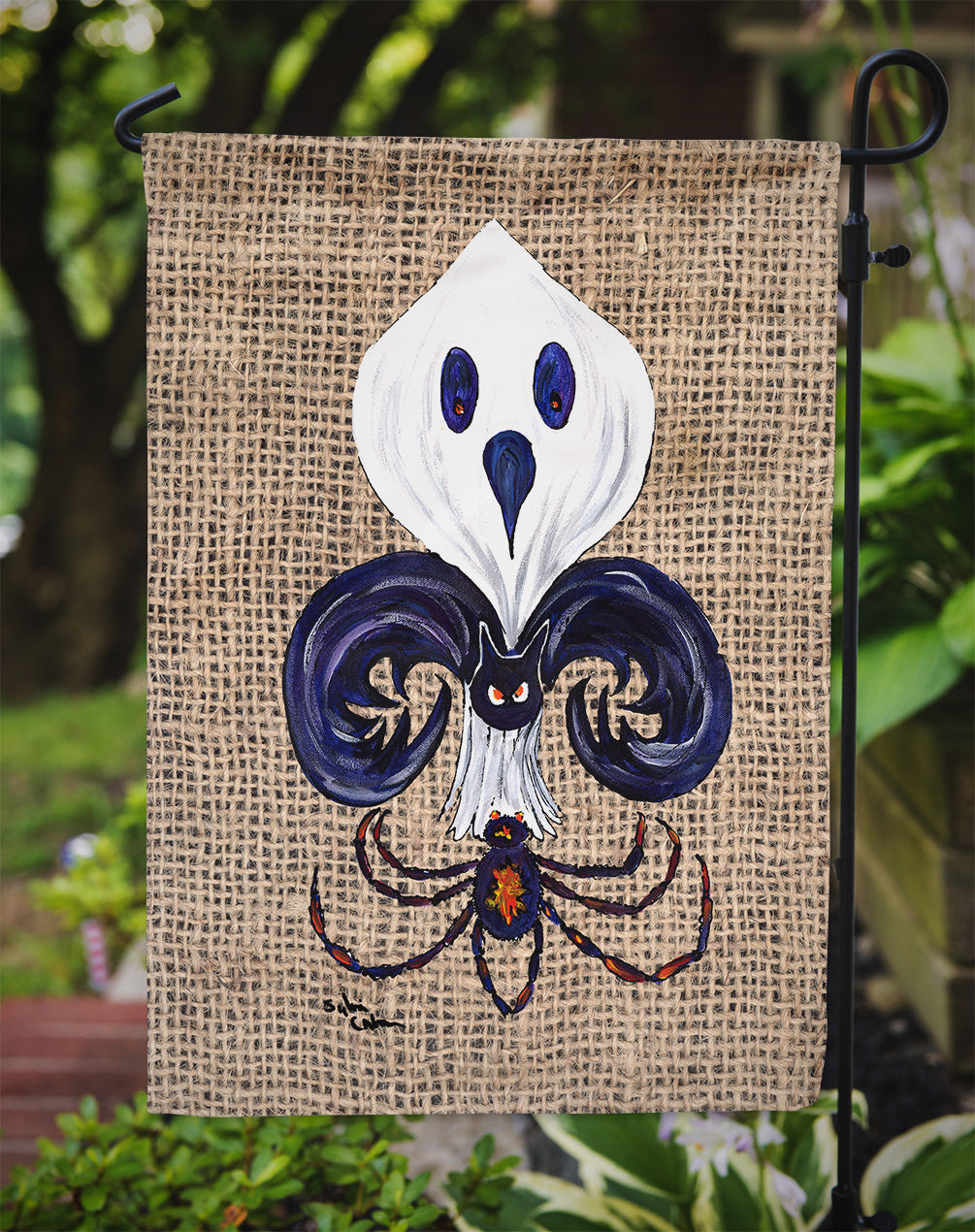 Halloween Ghost Bat and Spider Fleur de lis on Faux Burlap Garden Flag Mailbox Decorative Yard Banner Outside Patio Artwork for Flower Beds, Garden Size, Multicolor