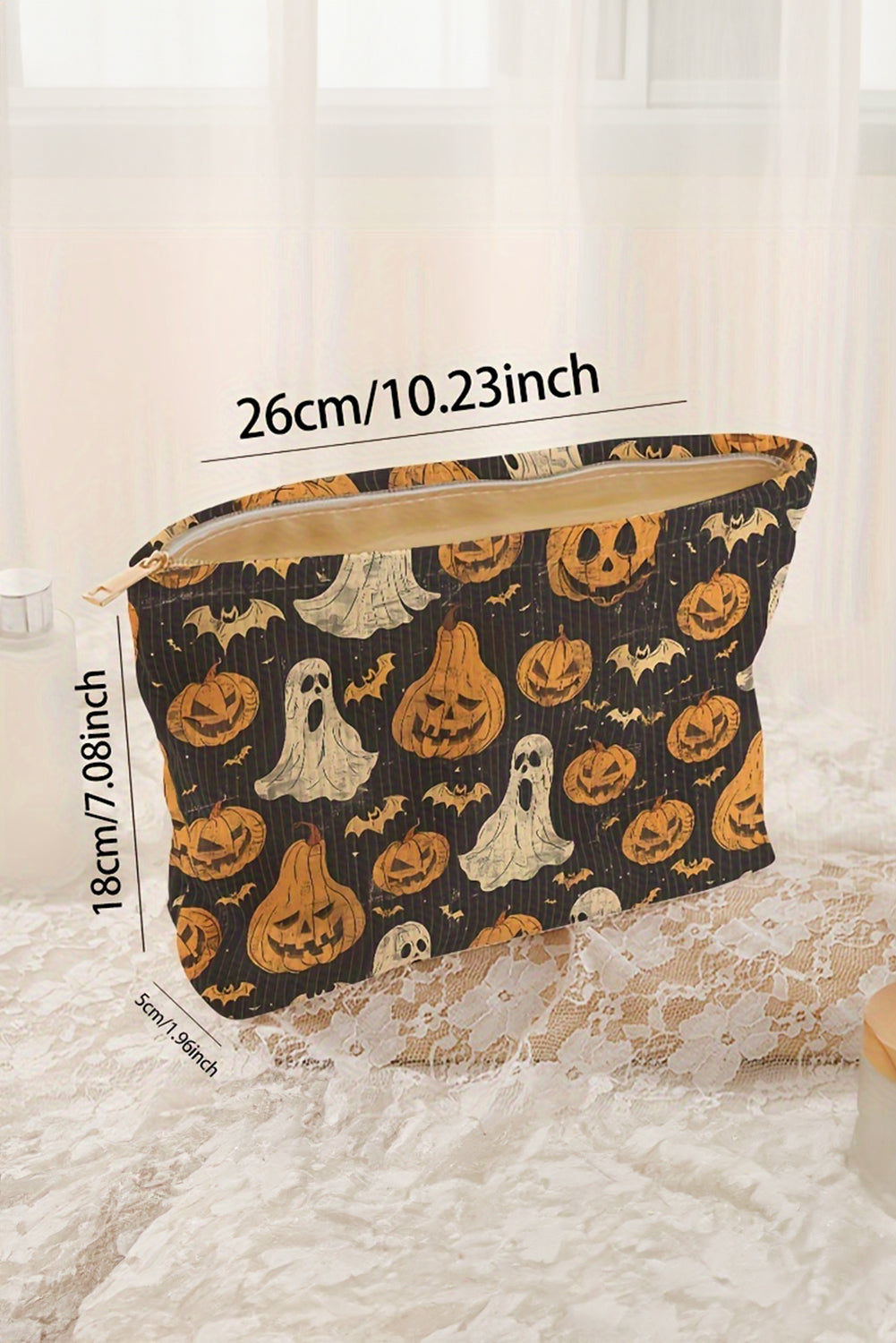 Black Halloween Print Corduroy Makeup Bag