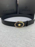 Versace Black Leather Vitello Belt Gold Medallion Buckle