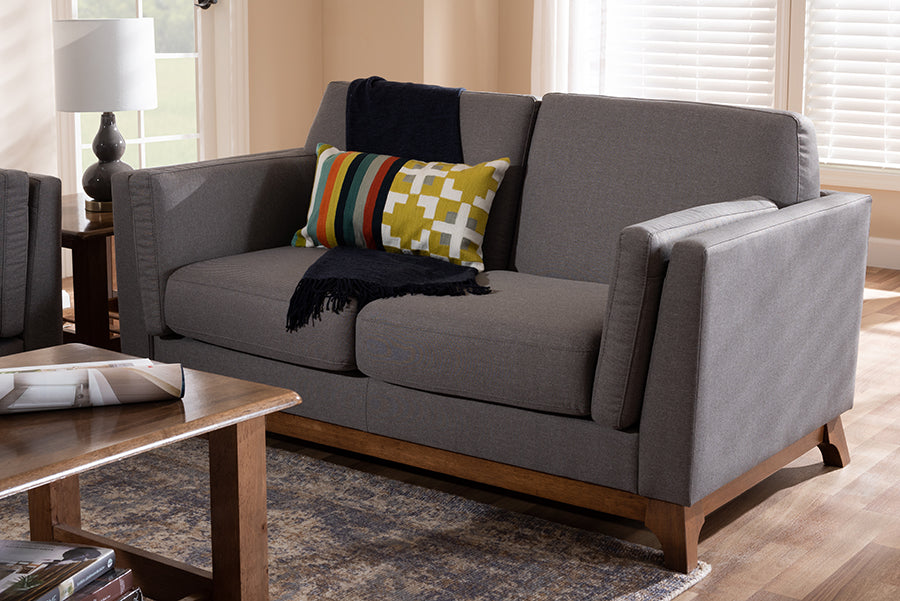 Baxton Studio Sava Mid-Century Modern Grey Fabric Upholstered Walnut Wood 2-Seater Loveseat
