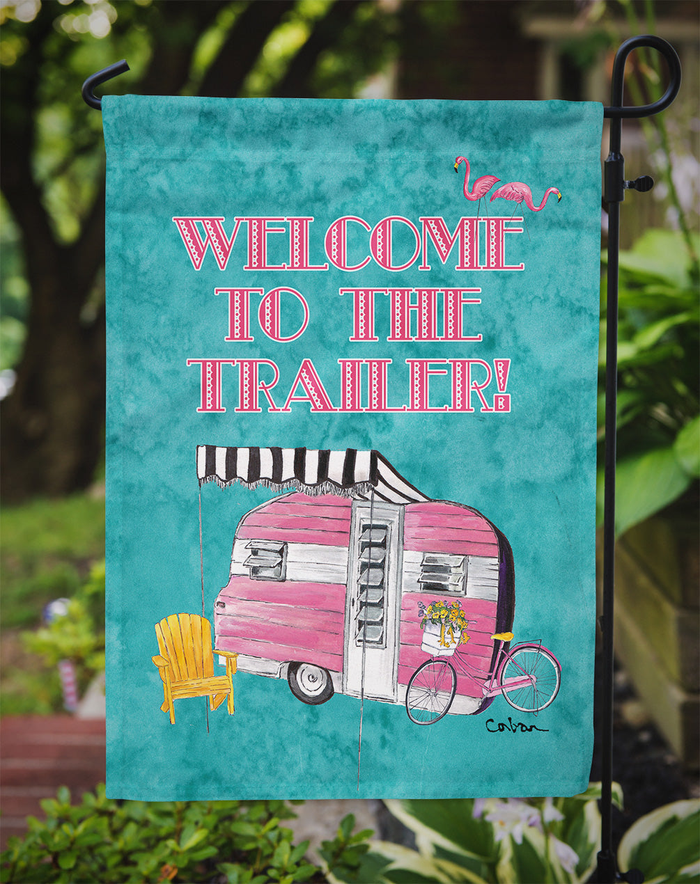 Welcome to the Trailer Retro Glamping Trailer Garden Flag Mailbox Decorative Yard Banner Outside Patio Artwork for Flower Beds, Garden Size, Multicolor