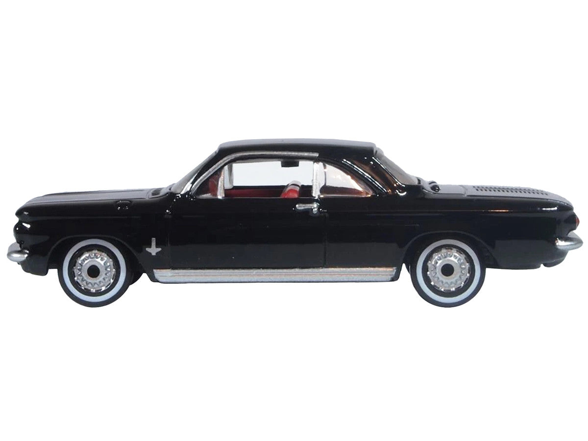 1963 Chevrolet Corvair Coupe Tuxedo Black with Red Interior 1/87 (HO) Scale Diecast Model Car by Oxford Diecast