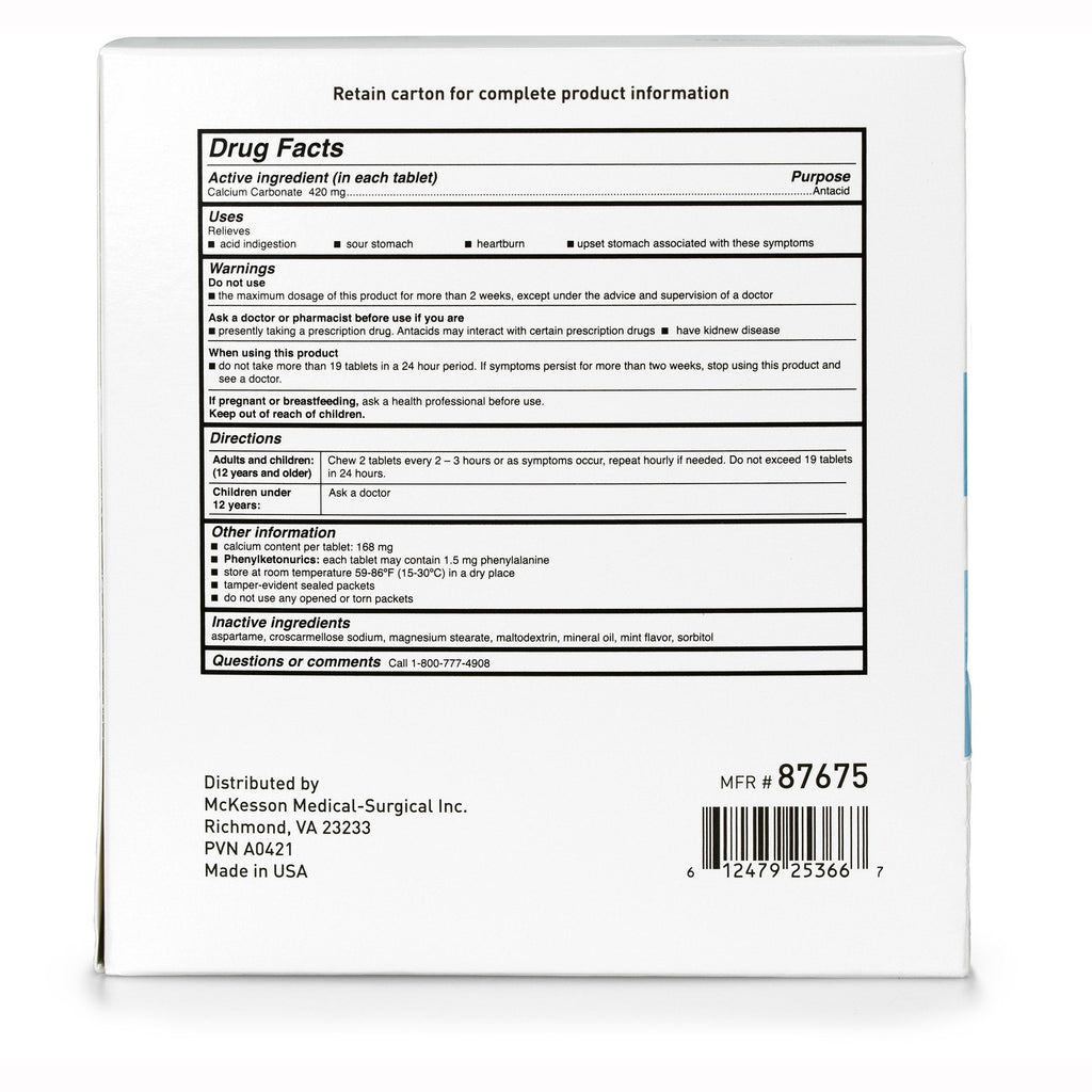 McKesson Calcium Carbonate Antacid Tablets, Mint Flavor 87675