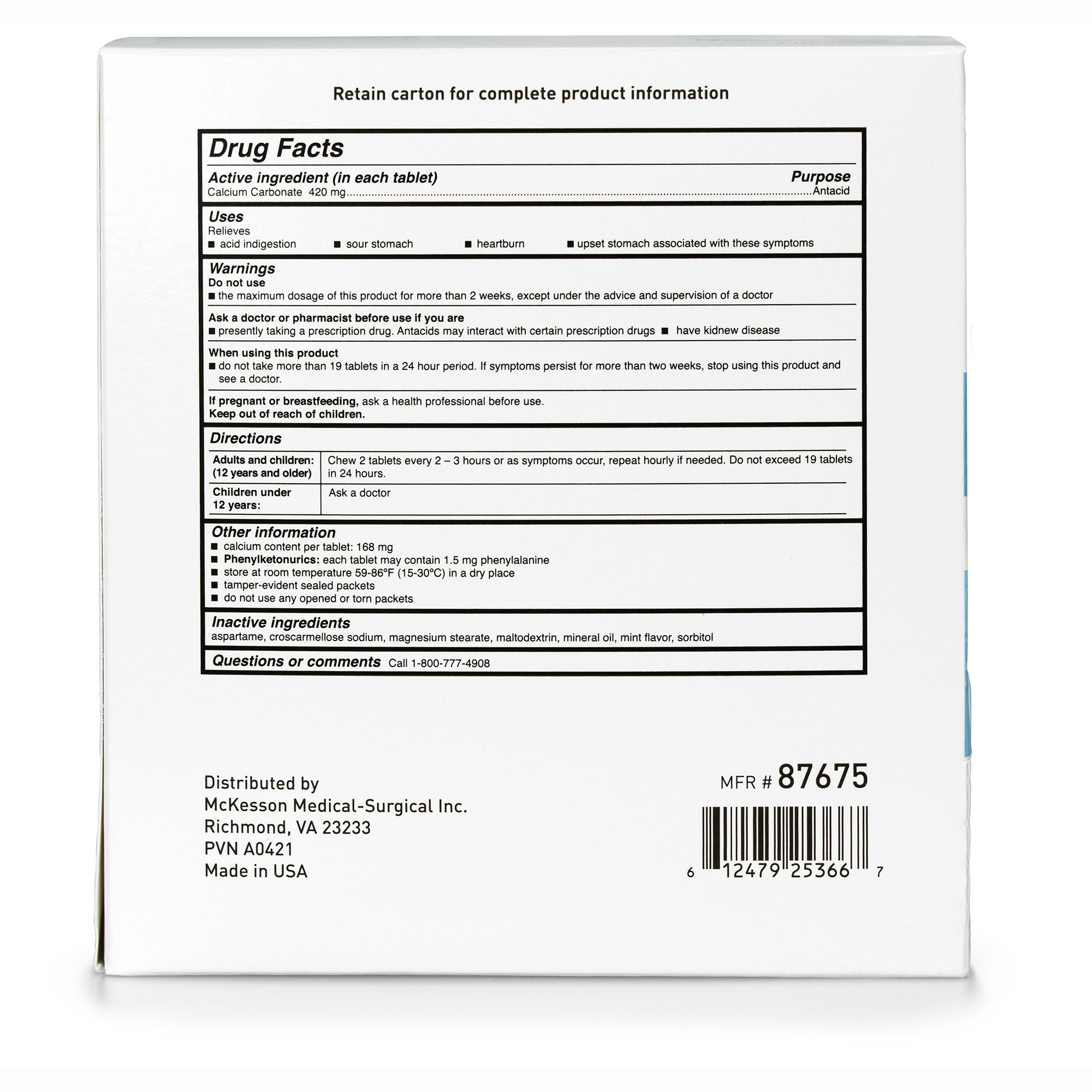 McKesson Calcium Carbonate Antacid Tablets, Mint Flavor 87675