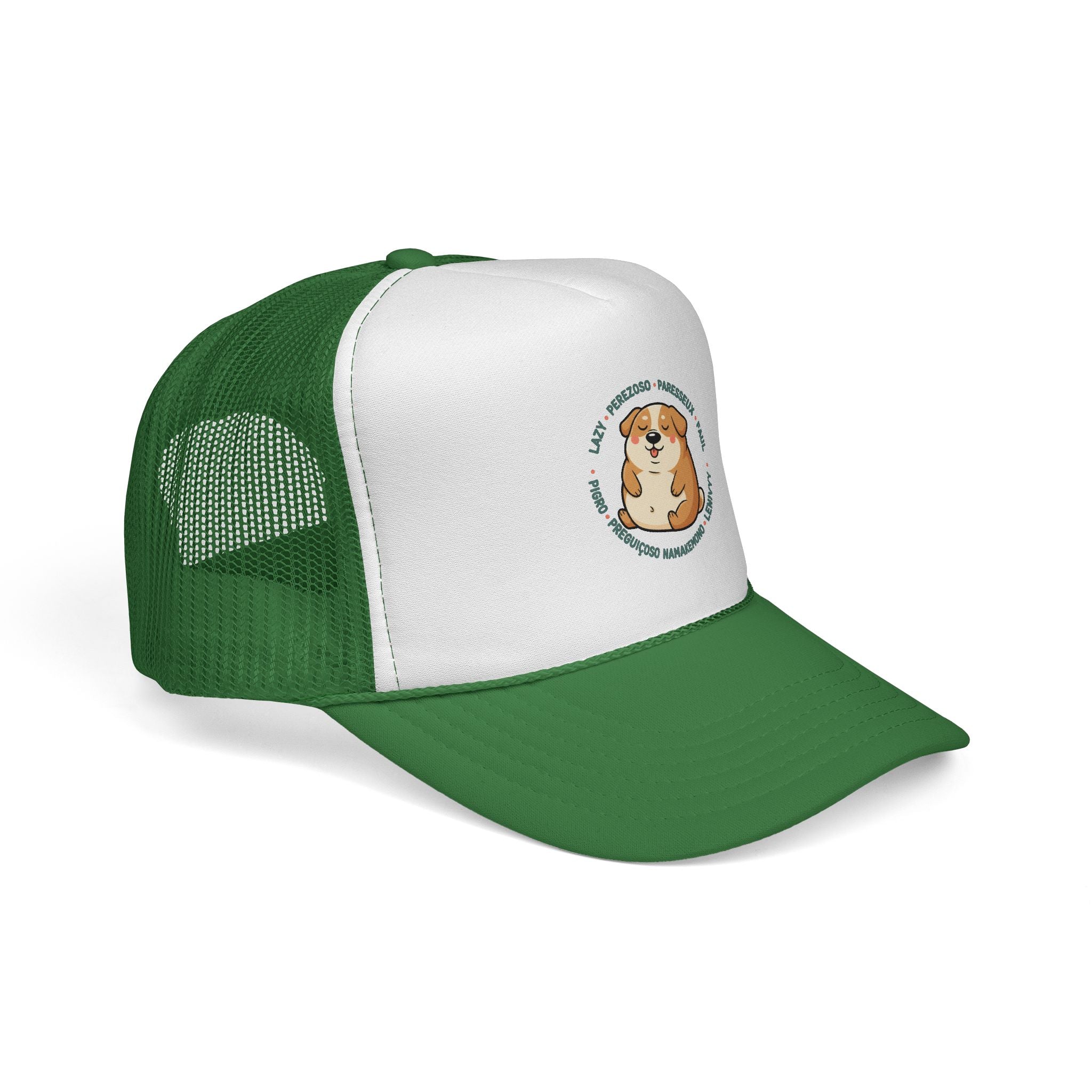 Funny Dog Meme Trucker Cap — "Fat Lazy" Multilingual Design (8 Languages)
