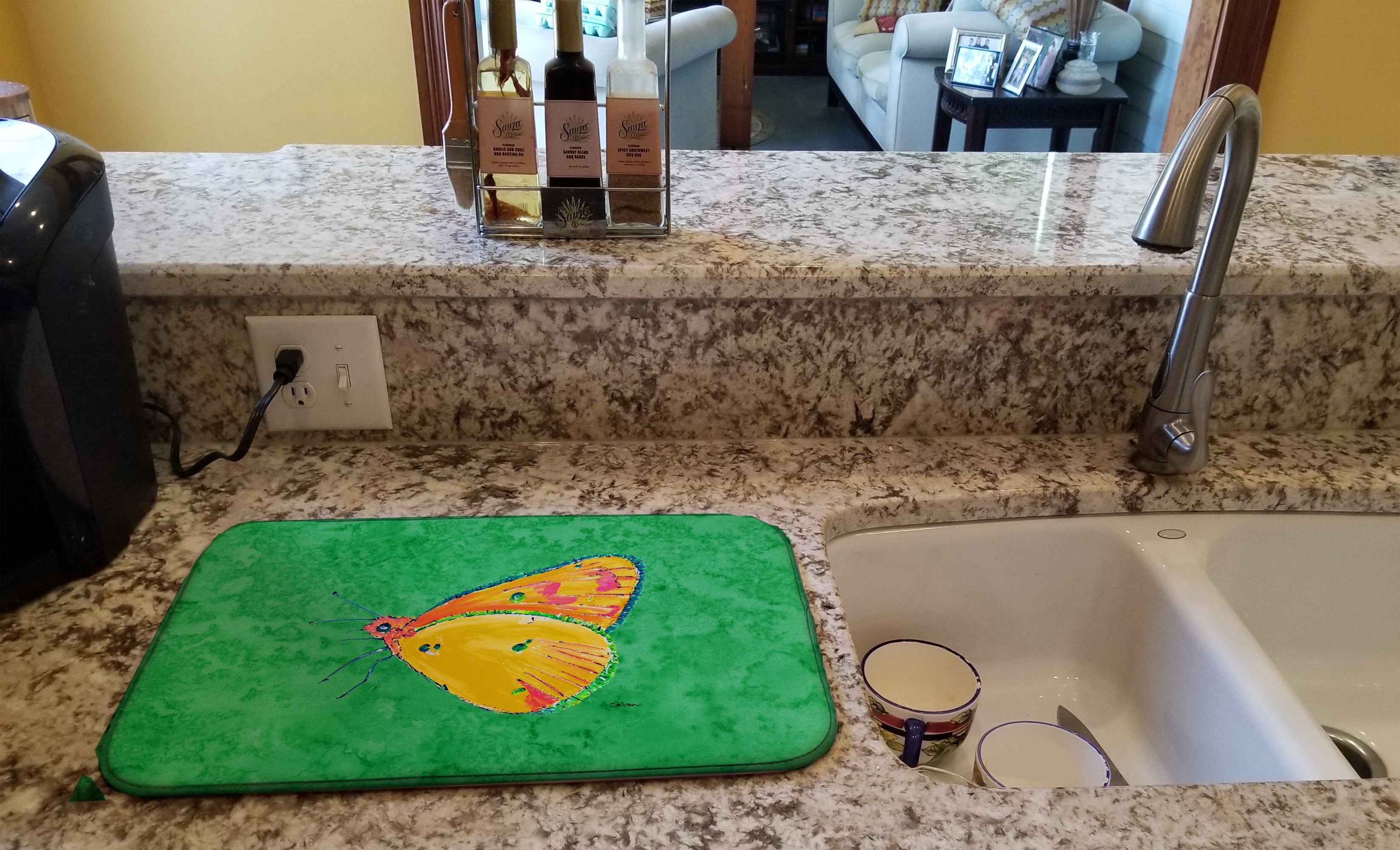 Butterfly Orange on Green Dish Drying Mat Absorbent Dish Drying Mat Pad for Kitchen Counter Dish Drainer Mat for Countertop, 14 x 21", Multicolor