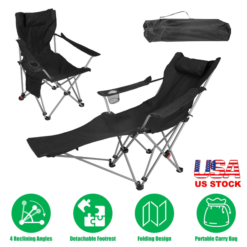 Reclining Camping Chair with Footrest 4-Position Adjustable Outdoor Folding Chair Heavy Duty Portable Camping Lounge Chair with Headrest Cup Holder &
