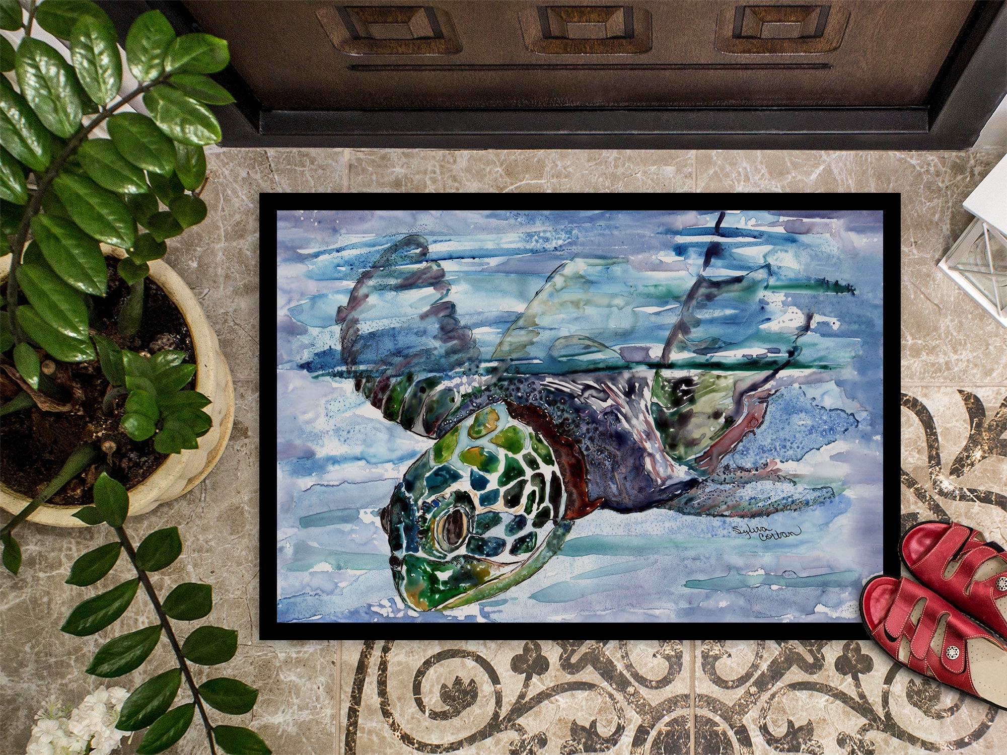 Loggerhead Turtle in a Dive Doormat Indoor Outdoor 18H X 27W Front Door Mat Rugs for Entryway, Non Slip Washable