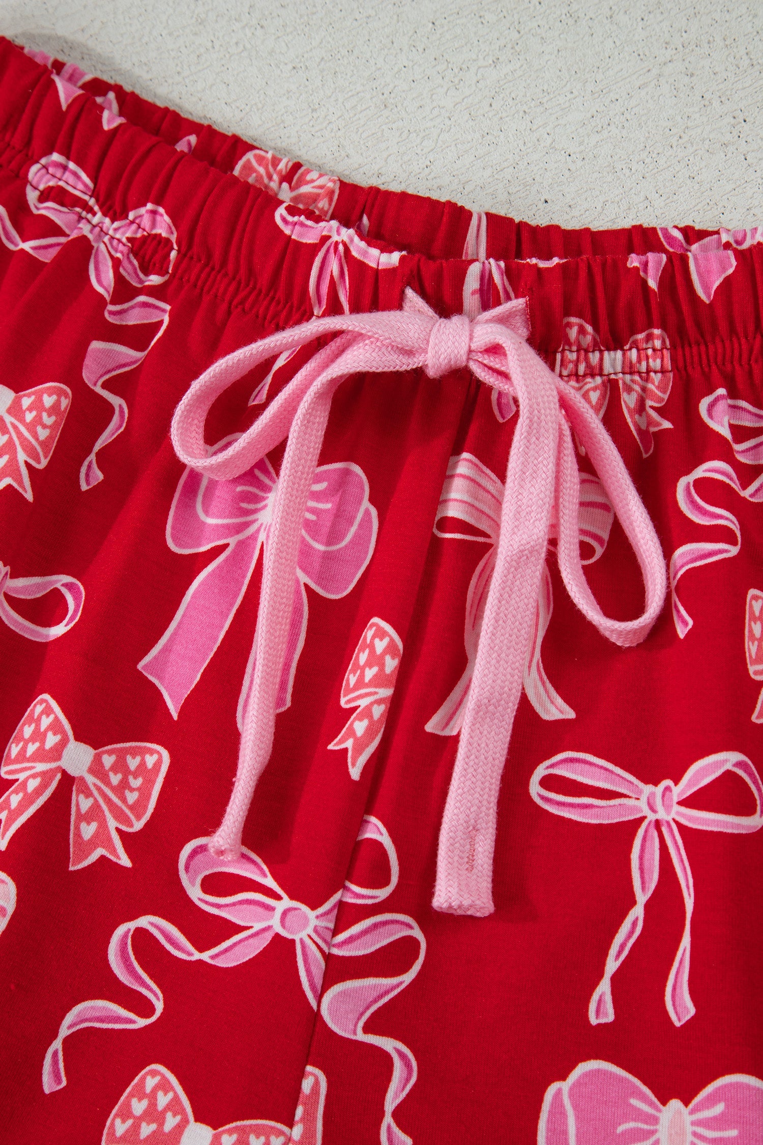 Red Sweet Bow Print Ruffled Short Sleeve Shirt Shorts 2pcs Pajama Set