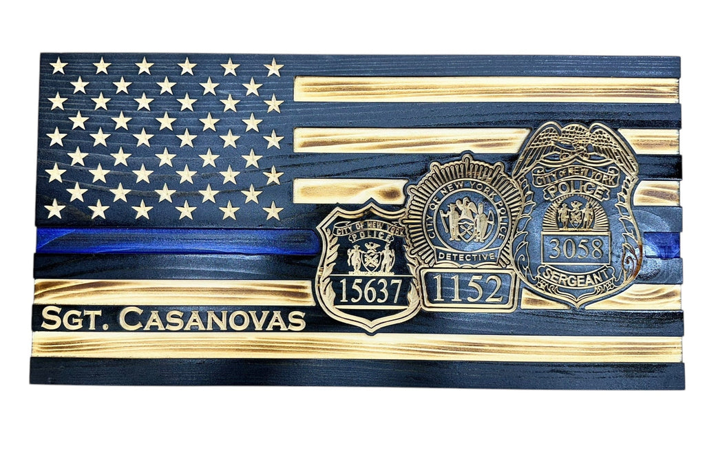 Custom Thin Blue Line Wooden Flag with Engraved Police Badge