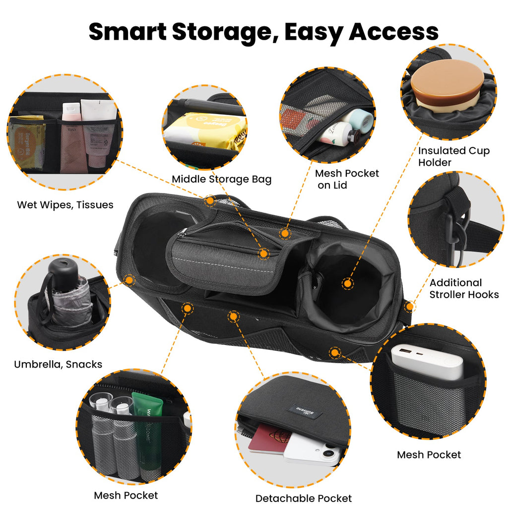 SUNVENO Universal Stroller Organizer with Insulated Cup Holder Detachable Phone Bag