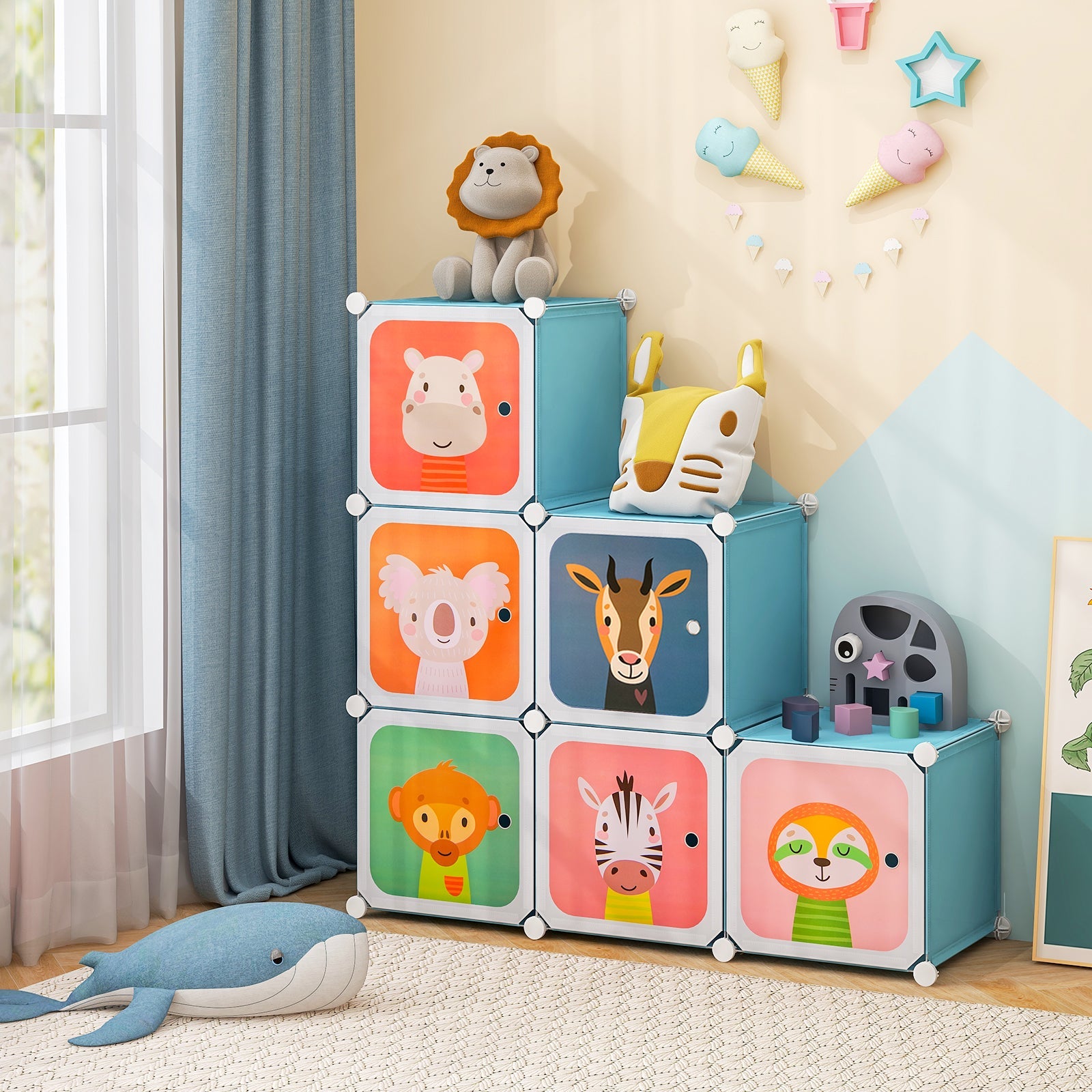 8-Cube Kids Wardrobe Closet with Clothes Hanging Section and Doors-Blue