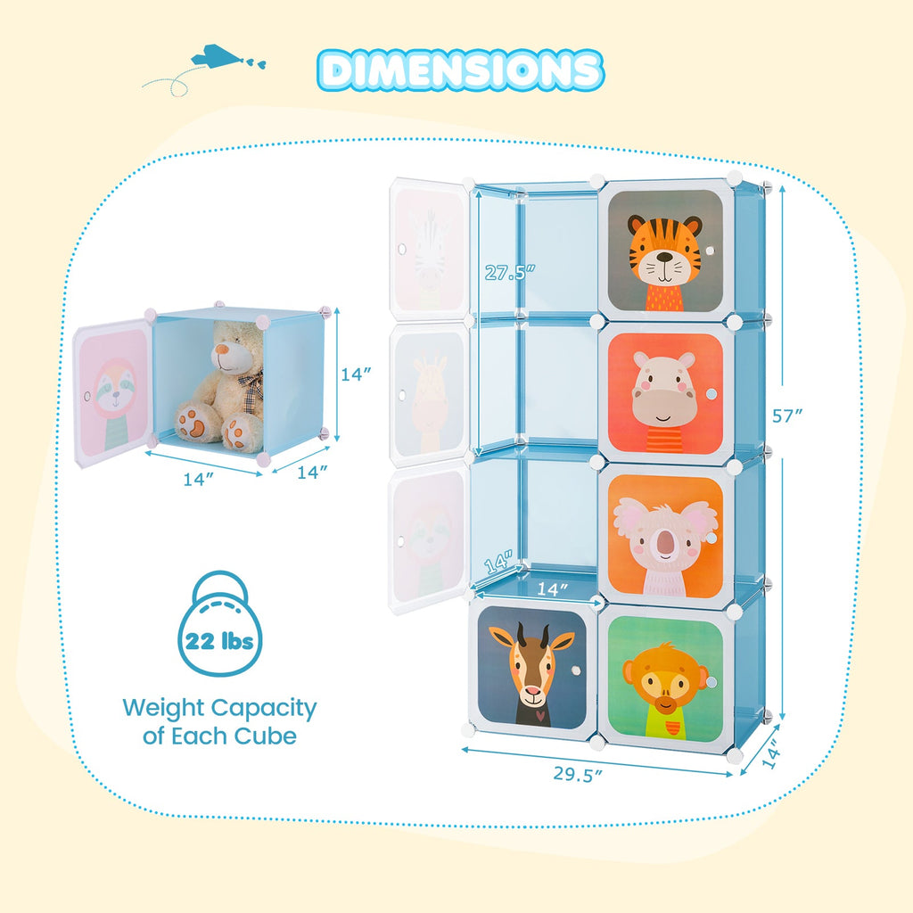 8-Cube Kids Wardrobe Closet with Clothes Hanging Section and Doors-Blue