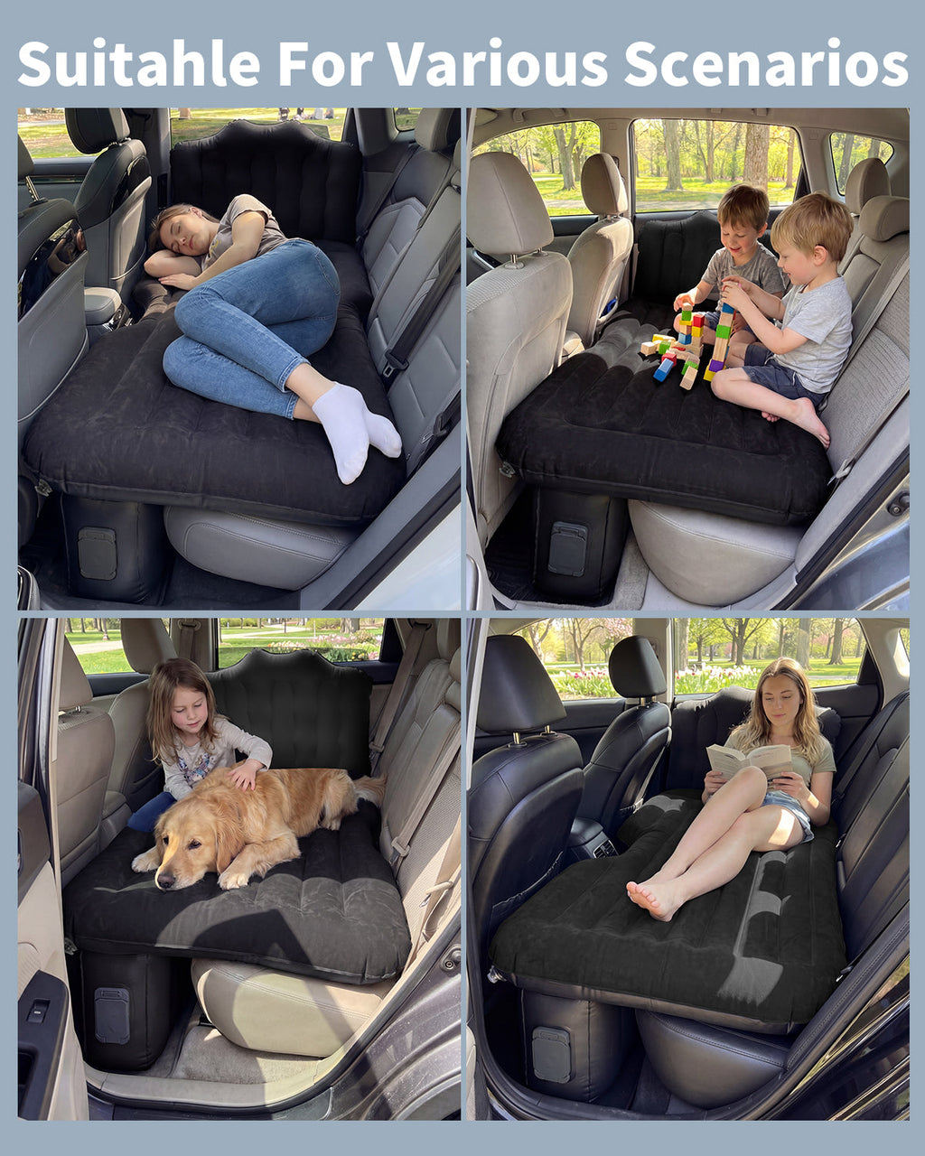 Umbrauto Back Seat Car Air Mattress with Built-in Rechargeable Pump: Cordless Inflatable Car Bed for Rear Seat Camping, 1-Click Fast Setup Thickened Flocking Sleeping Pad for Sedan, Truck & SUV