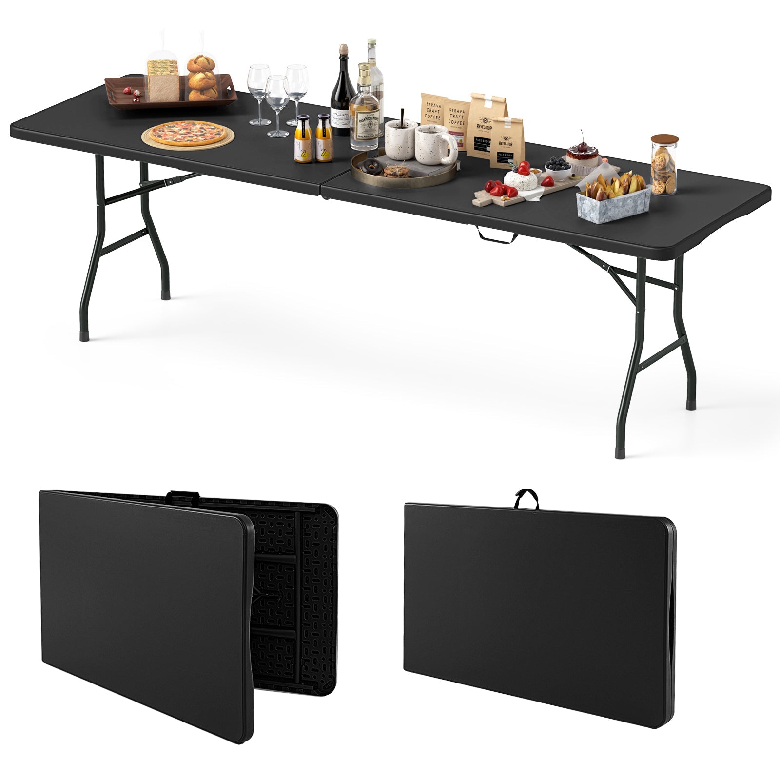 8 ft Portable Folding Table 350 LBS Fold-in-Half Table with HDPE Tabletop