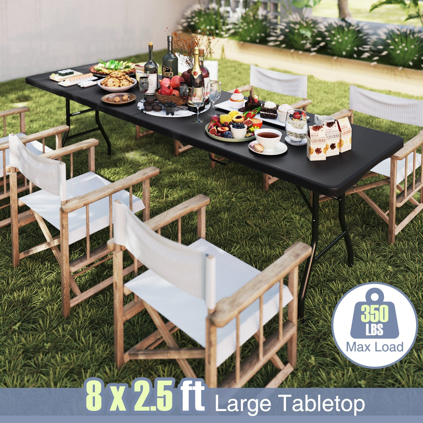 8 ft Portable Folding Table 350 LBS Fold-in-Half Table with HDPE Tabletop