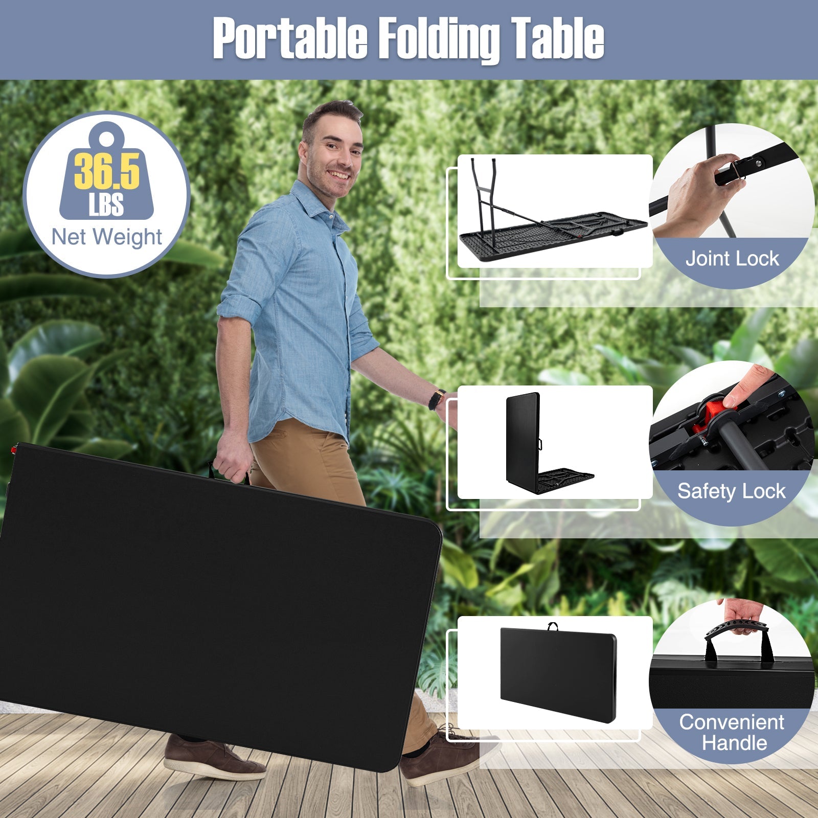 8 ft Portable Folding Table 350 LBS Fold-in-Half Table with HDPE Tabletop