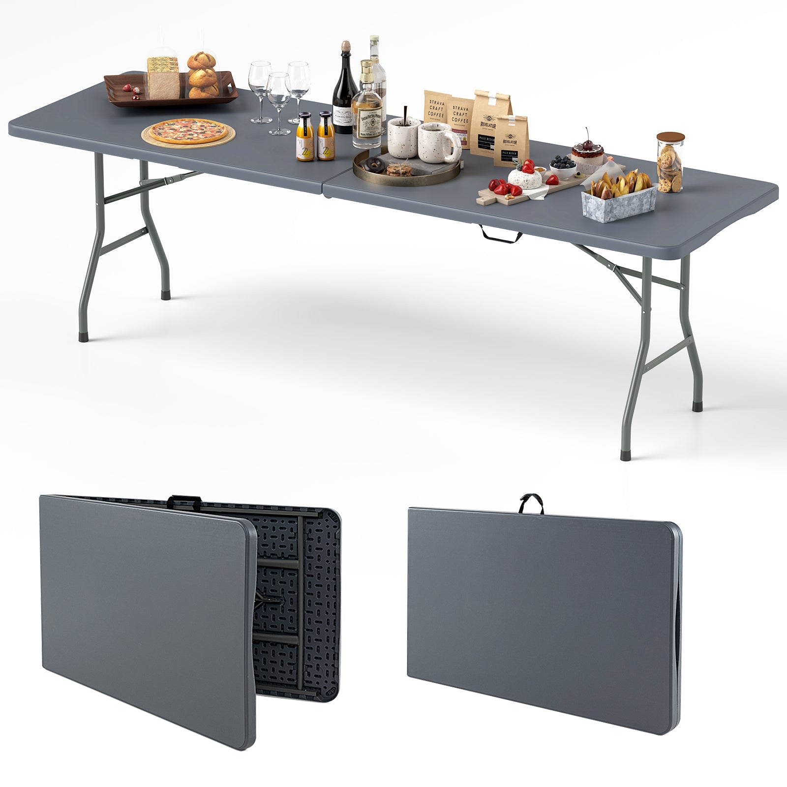 8 ft Portable Folding Table 350 LBS Fold-in-Half Table with HDPE Tabletop