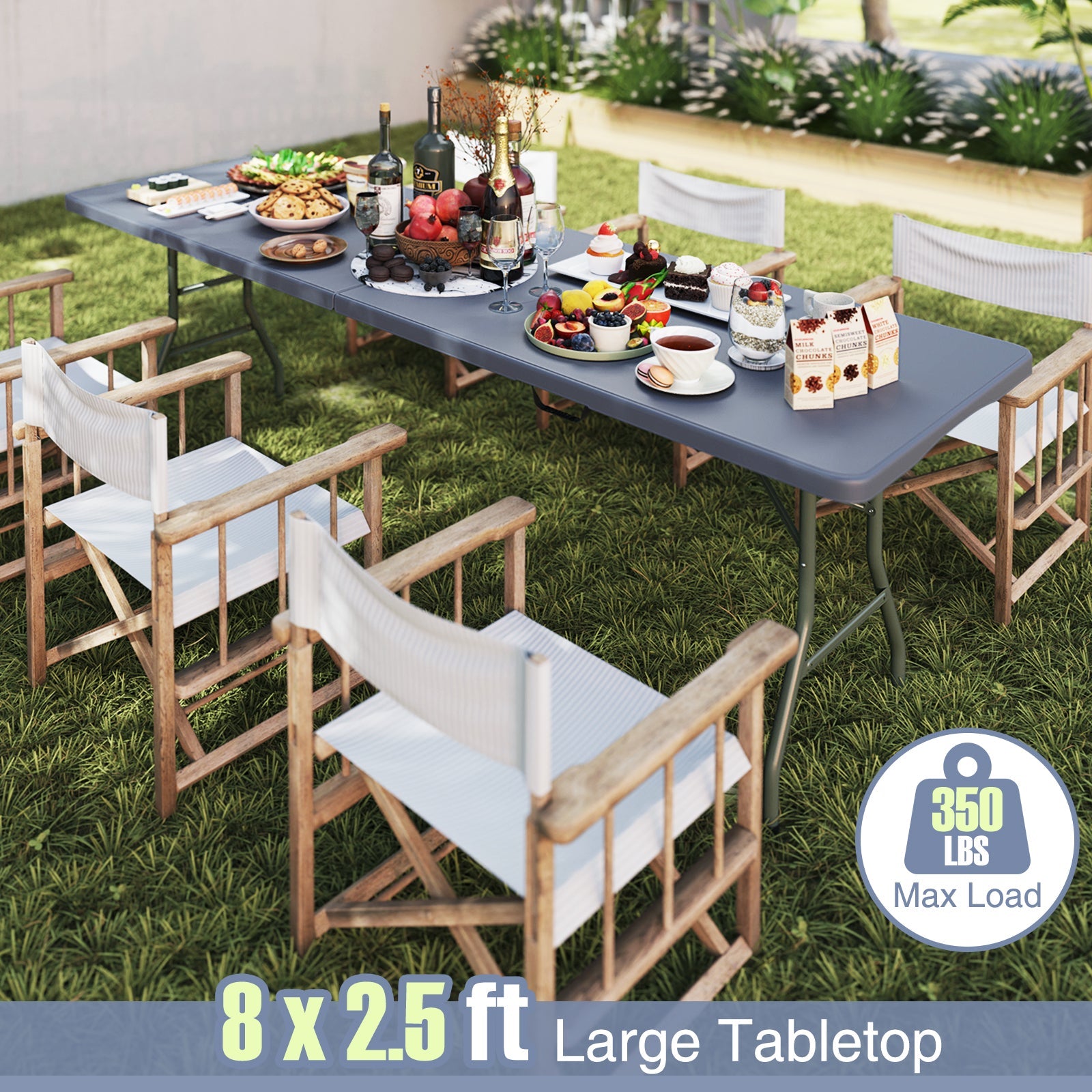 8 ft Portable Folding Table 350 LBS Fold-in-Half Table with HDPE Tabletop