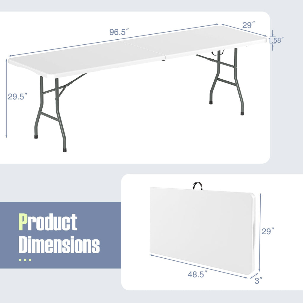 8 ft Portable Folding Table 350 LBS Fold-in-Half Table with HDPE Tabletop