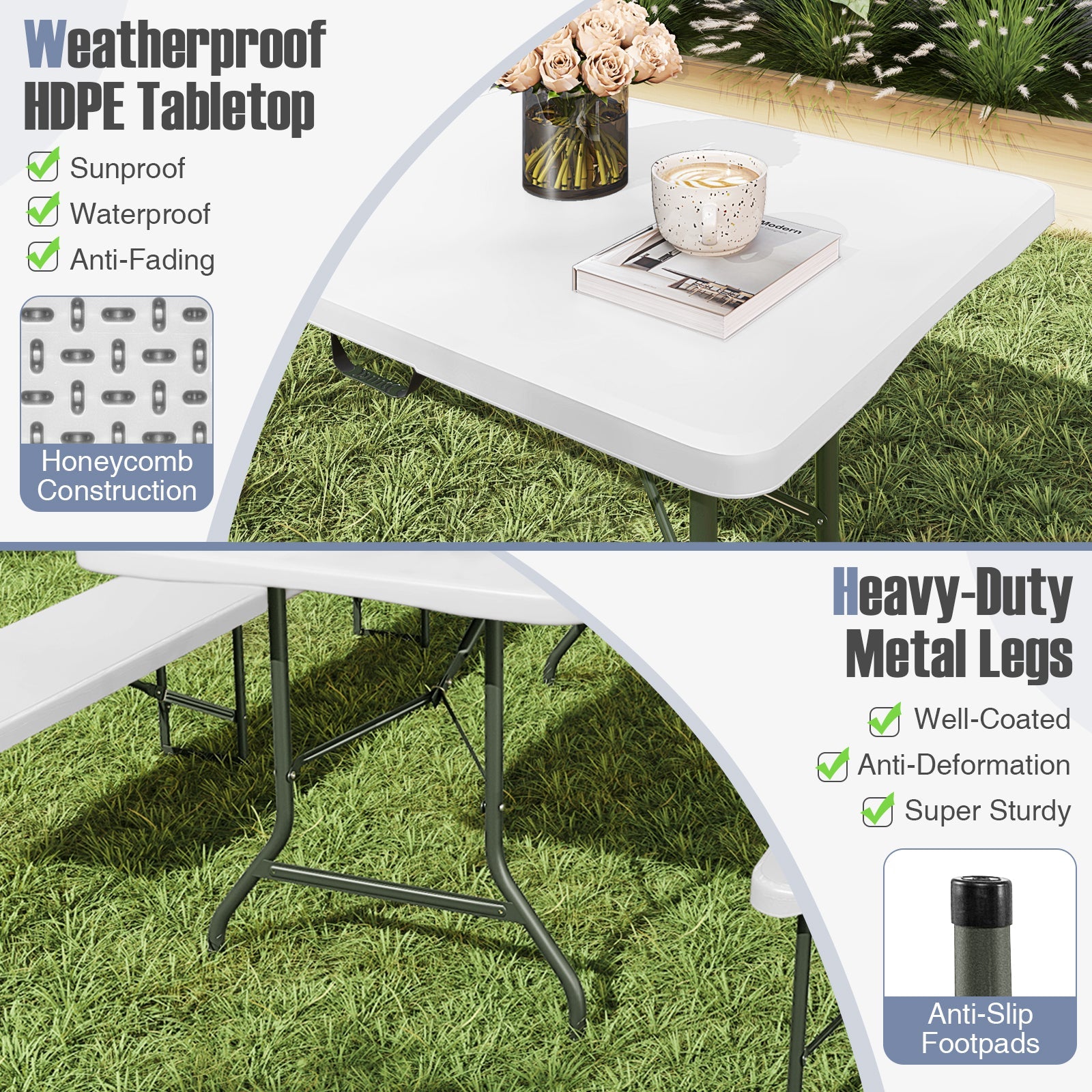 8 ft Portable Folding Table 350 LBS Fold-in-Half Table with HDPE Tabletop