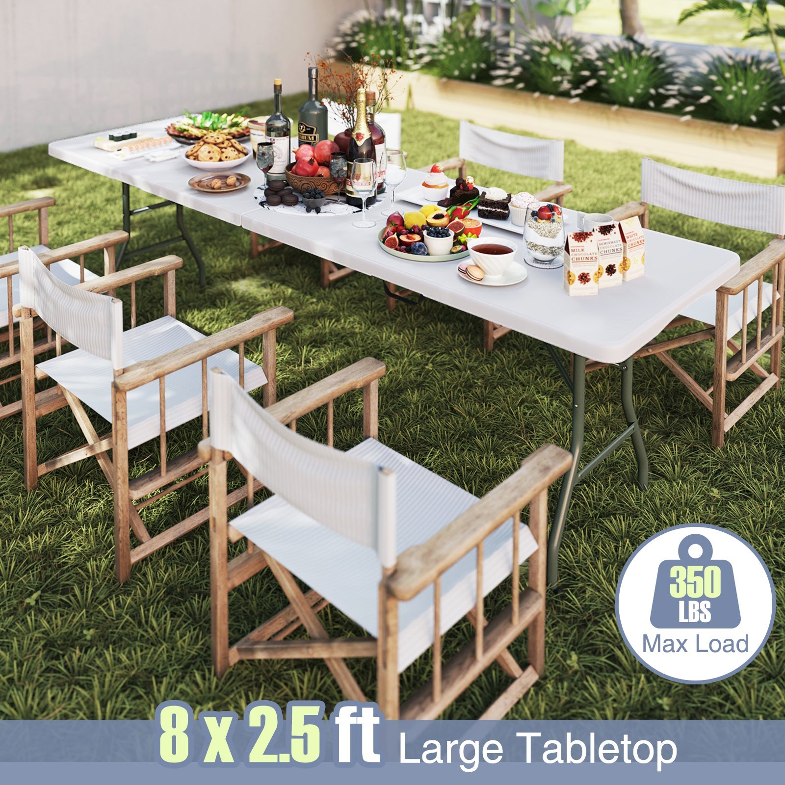 8 ft Portable Folding Table 350 LBS Fold-in-Half Table with HDPE Tabletop