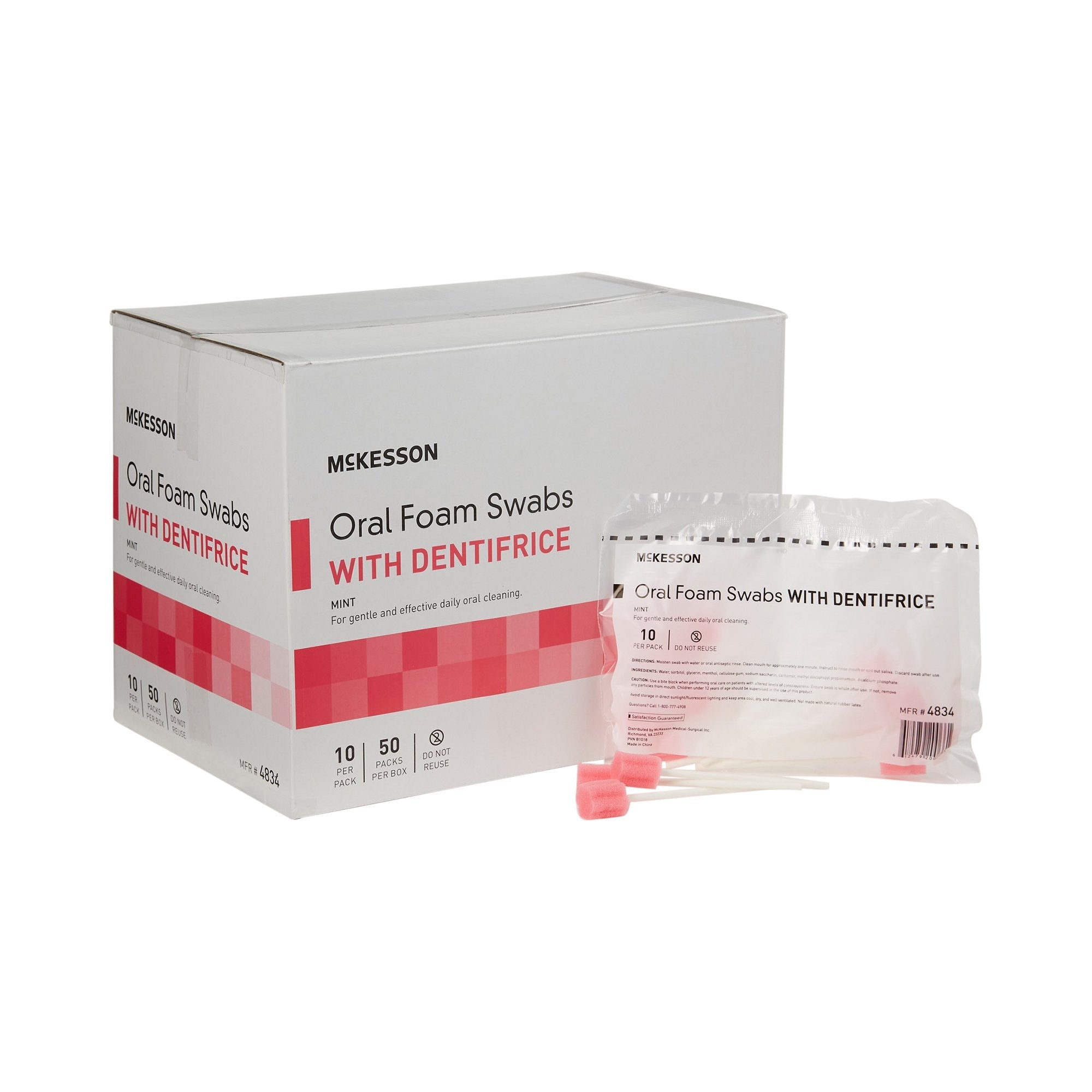 McKesson Oral Swabstick Foam Tip Dentifrice, Mint, 10 per Pack 4834