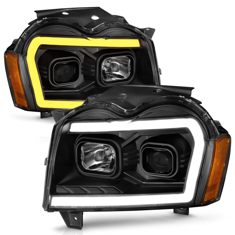 ANZO 2005-2007 Jeep Grand Cherokee Projector Headlights w/ Light Bar Switchback Black Housing 111543