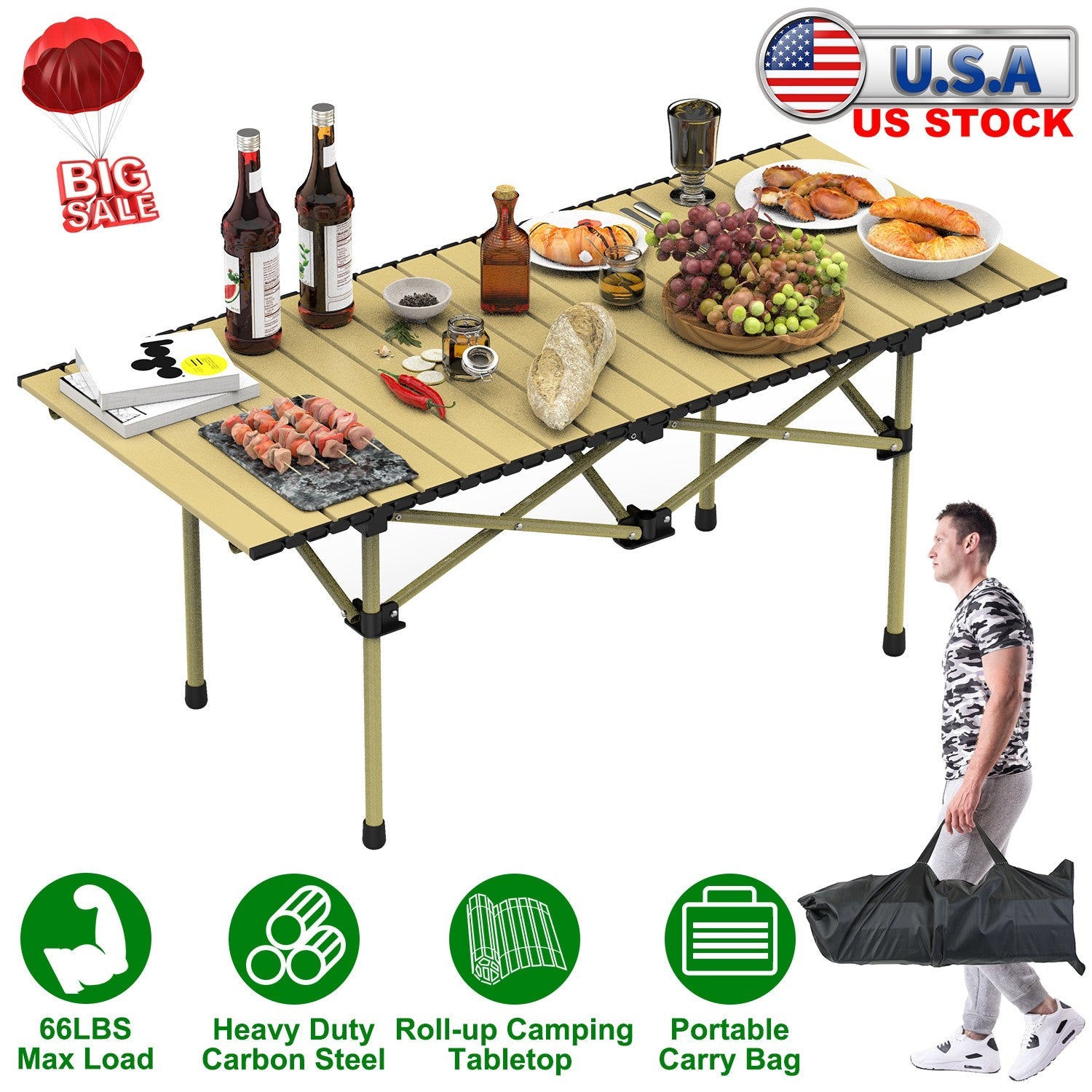 Folding Camping Table Portable Lightweight Carbon Steel Roll-up Picnic BBQ Desk with Carry Bag Heavy Duty for Outdoor Beach Backyard Party Patio Campi