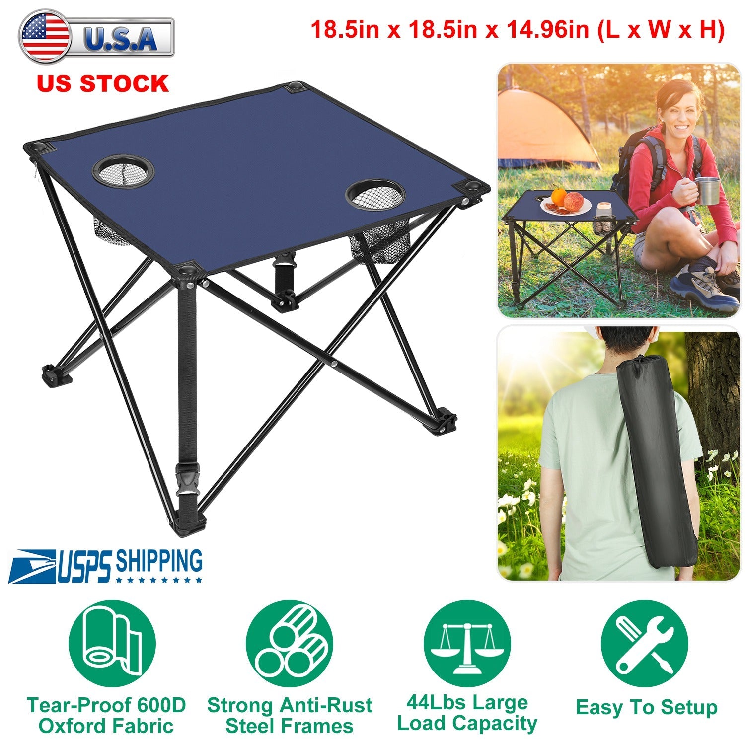 2Pcs Foldable Camping Table Portable Picnic Table Lightweight Travel Desk with 2 Cup Holders/Table Carrying Bag