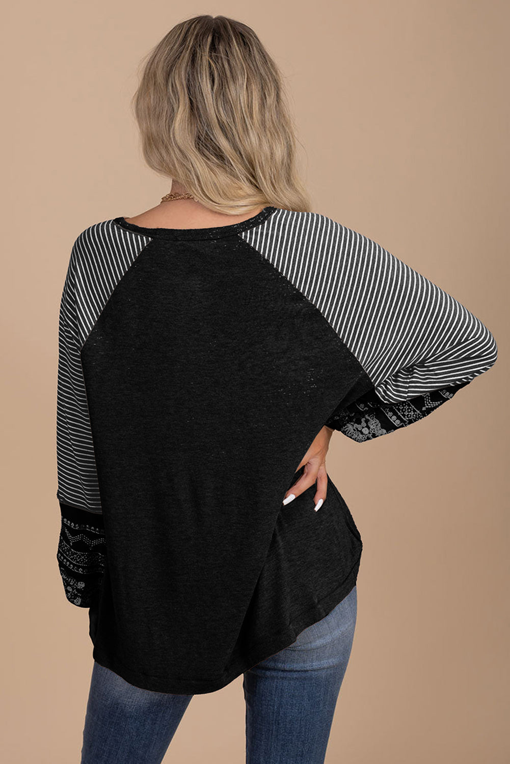 Tillandsia Purple Contrast Print Striped Raglan Long Sleeve Loose Top