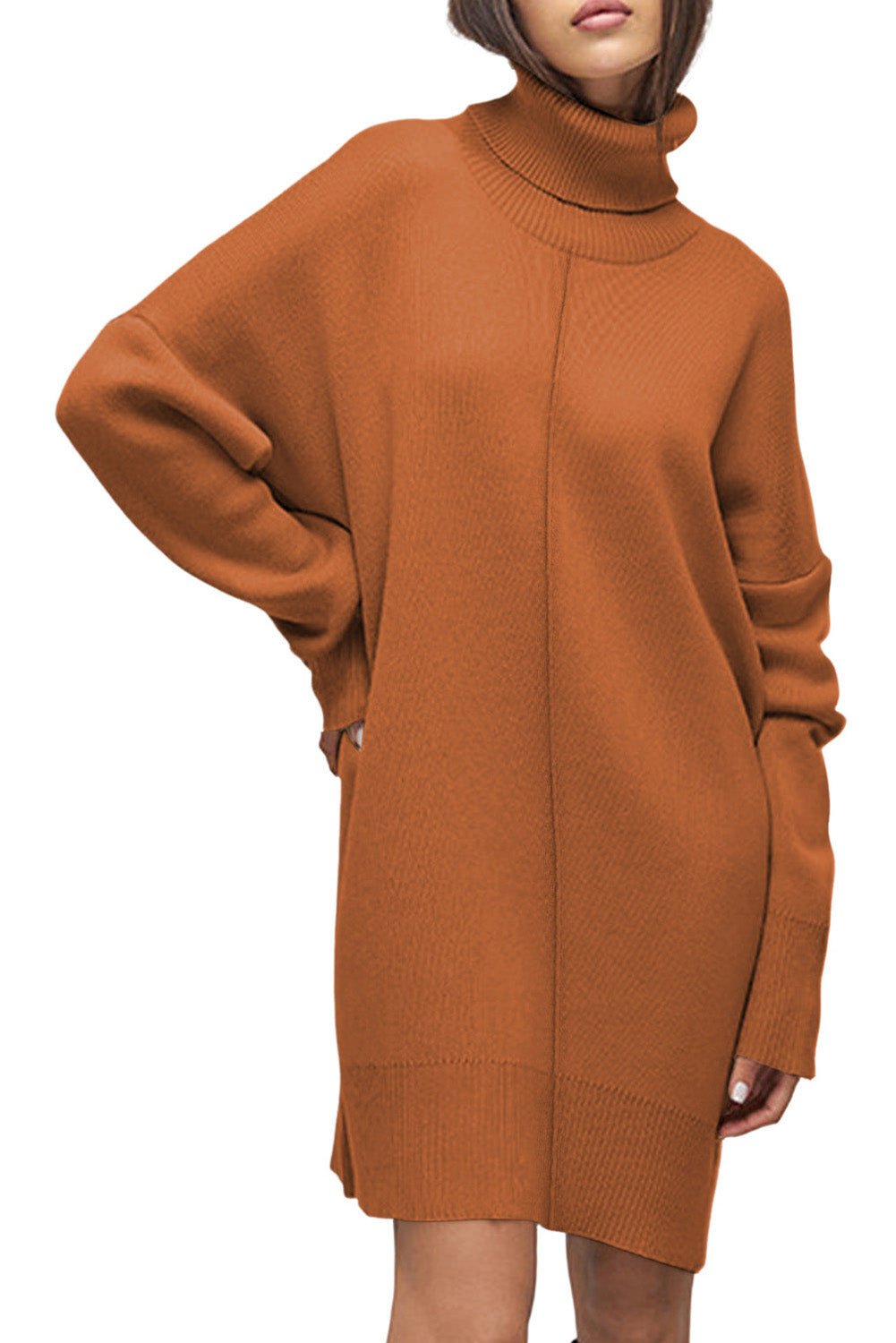 Black Solid Color Turtleneck Drop Shoulder Loose Sweater Dress