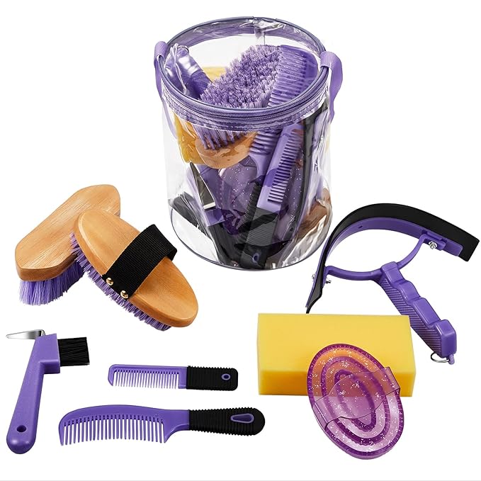9 Pieces Horse Grooming Kit Tack Room Supplies Set with Organizer Tote Bag, Oval Massage Curry, Hard and Soft Brush, Hoof Pick, Sweat Scraper, Bathing Sponge, Combs for Horse Riders Beginners (Purple) - PhishStones Products