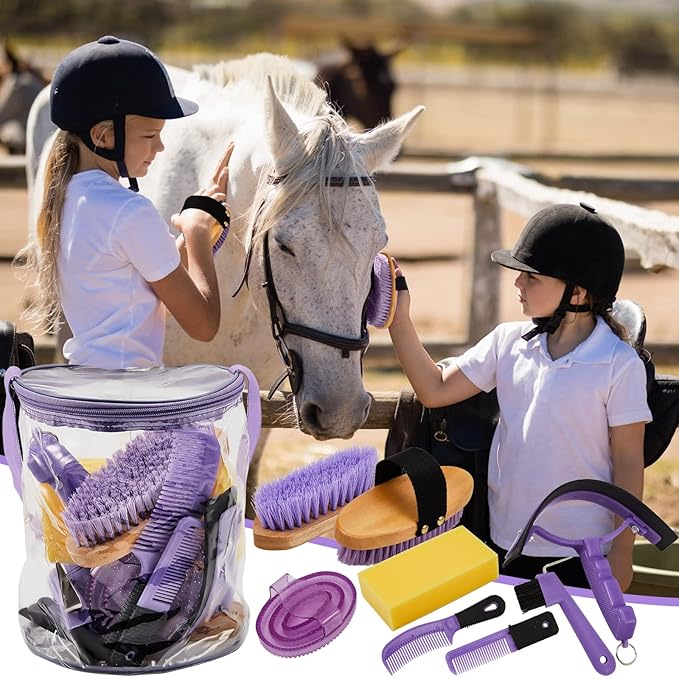 9 Pieces Horse Grooming Kit Tack Room Supplies Set with Organizer Tote Bag, Oval Massage Curry, Hard and Soft Brush, Hoof Pick, Sweat Scraper, Bathing Sponge, Combs for Horse Riders Beginners (Purple) - PhishStones Products