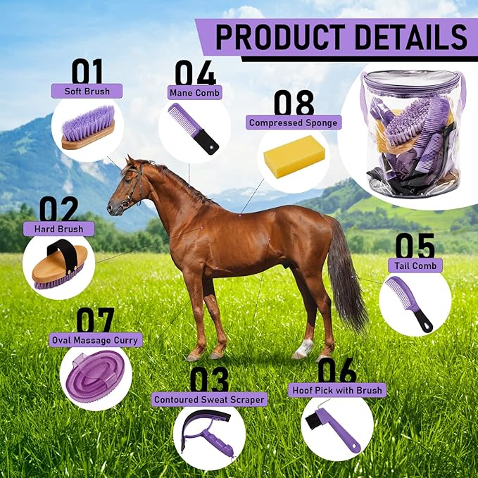 9 Pieces Horse Grooming Kit Tack Room Supplies Set with Organizer Tote Bag, Oval Massage Curry, Hard and Soft Brush, Hoof Pick, Sweat Scraper, Bathing Sponge, Combs for Horse Riders Beginners (Purple) - PhishStones Products