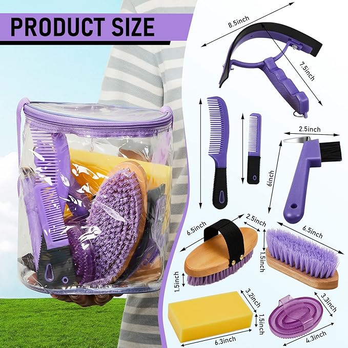 9 Pieces Horse Grooming Kit Tack Room Supplies Set with Organizer Tote Bag, Oval Massage Curry, Hard and Soft Brush, Hoof Pick, Sweat Scraper, Bathing Sponge, Combs for Horse Riders Beginners (Purple) - PhishStones Products