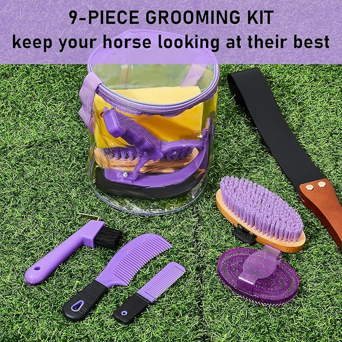 9 Pieces Horse Grooming Kit Tack Room Supplies Set with Organizer Tote Bag, Oval Massage Curry, Hard and Soft Brush, Hoof Pick, Sweat Scraper, Bathing Sponge, Combs for Horse Riders Beginners (Purple) - PhishStones Products